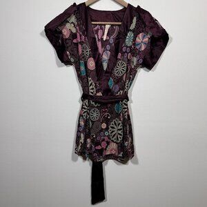 Robin K Y2K Short Sleeve Wrap Top Large Purple Floral Chakra Satin Trim